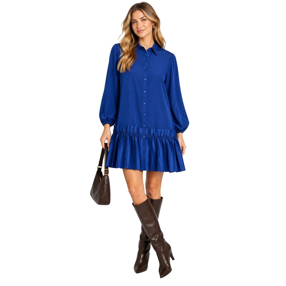 Taylor Tillman Shirt Dress Womens Medium Royal Blue Mini Pleated Minimalist NEW